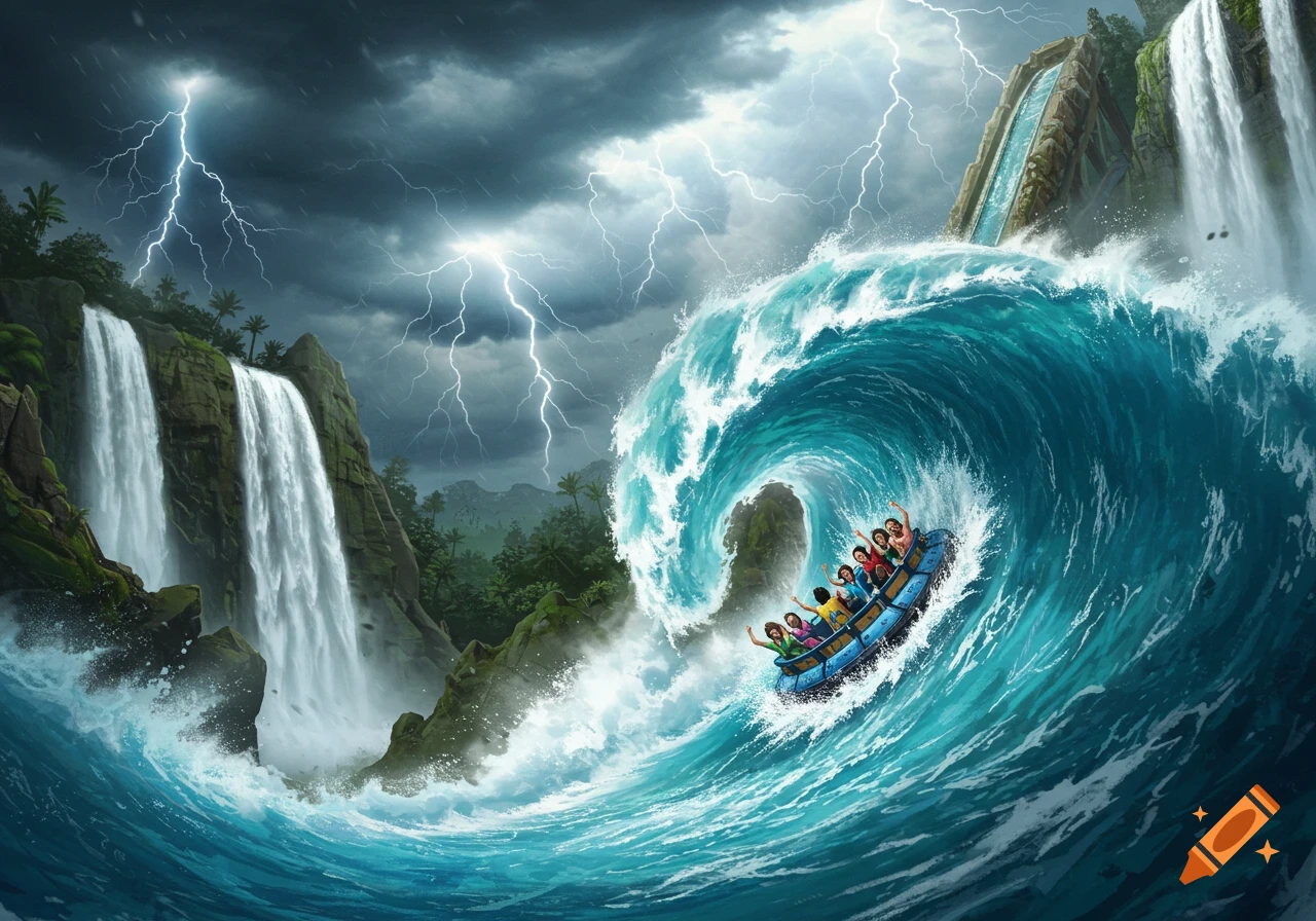 People in a blue raft ride a giant wave next to waterfalls under a stormy sky with lightning.