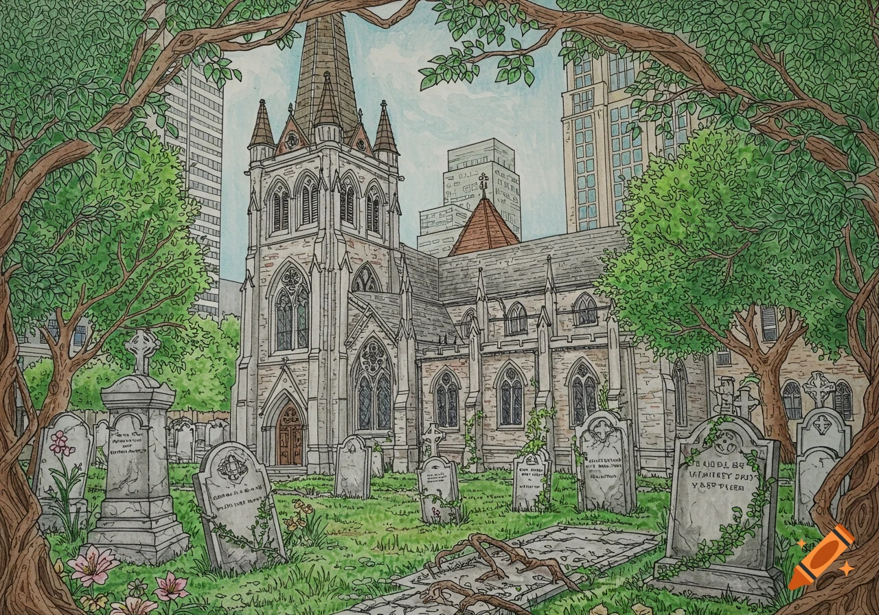 Coloring book style illustration of a gothic church with a tall steeple, surrounded by a graveyard with numerous tombstones and lush green trees.