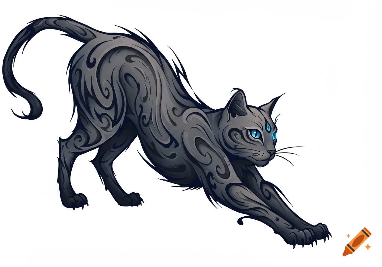 Stylized black cat with tribal markings and three glowing blue eyes, stretching.