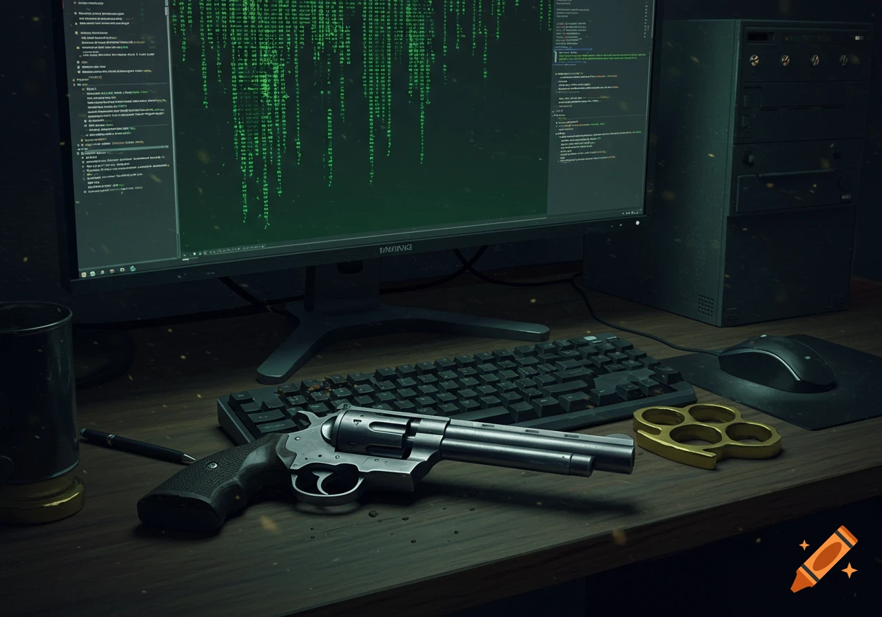 A desk with a computer monitor displaying green Matrix-like code, a keyboard, mouse, a revolver, and brass knuckles.