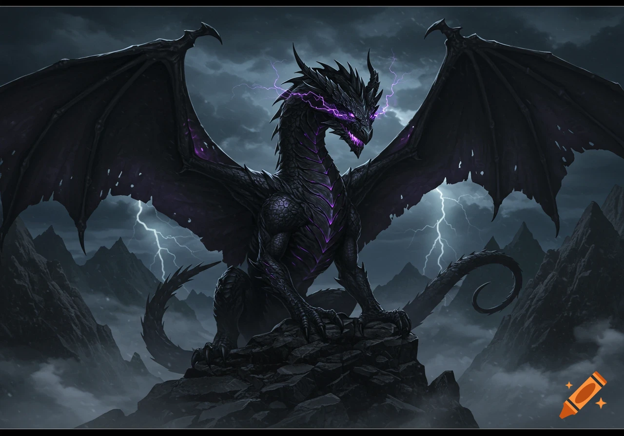 A majestic black dragon with glowing violet eyes and purple lightning, perched on rocky peaks under a stormy sky.