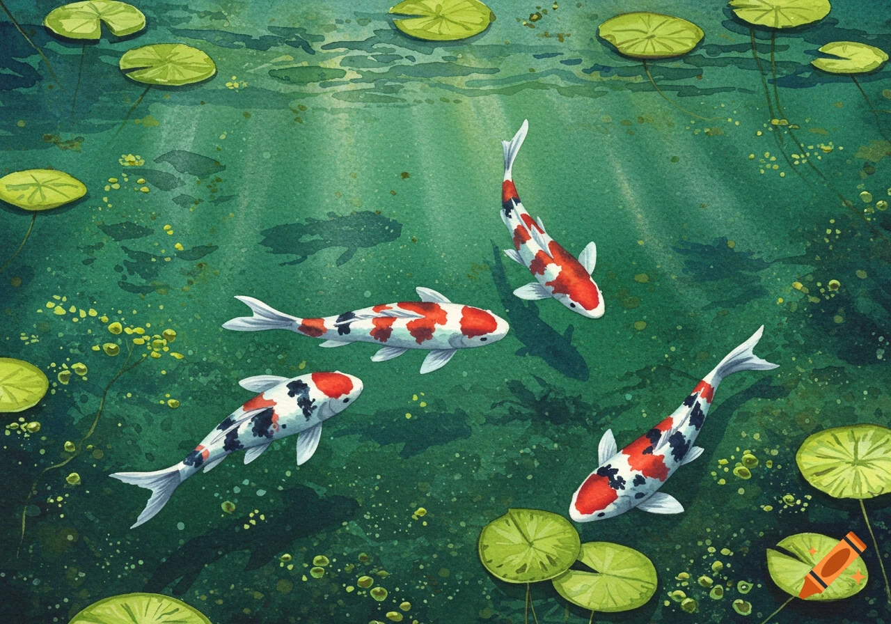 Watercolor painting of red, white, and black koi fish swimming among green lily pads in a serene pond.