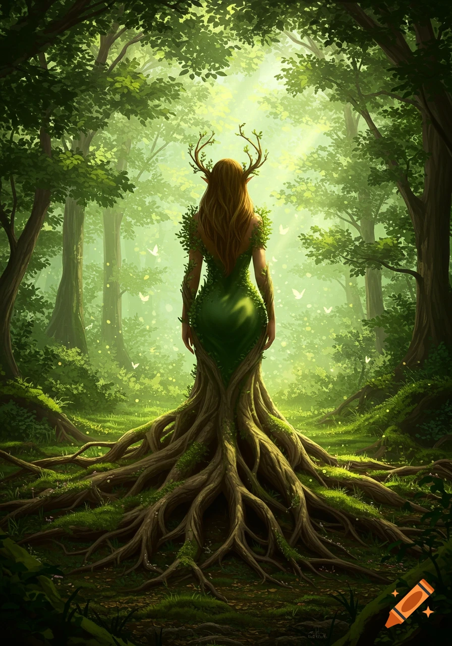 A mystical woman with branches on her head and a dress of leaves and tree roots stands in a vibrant, sunlit forest, viewed from behind.