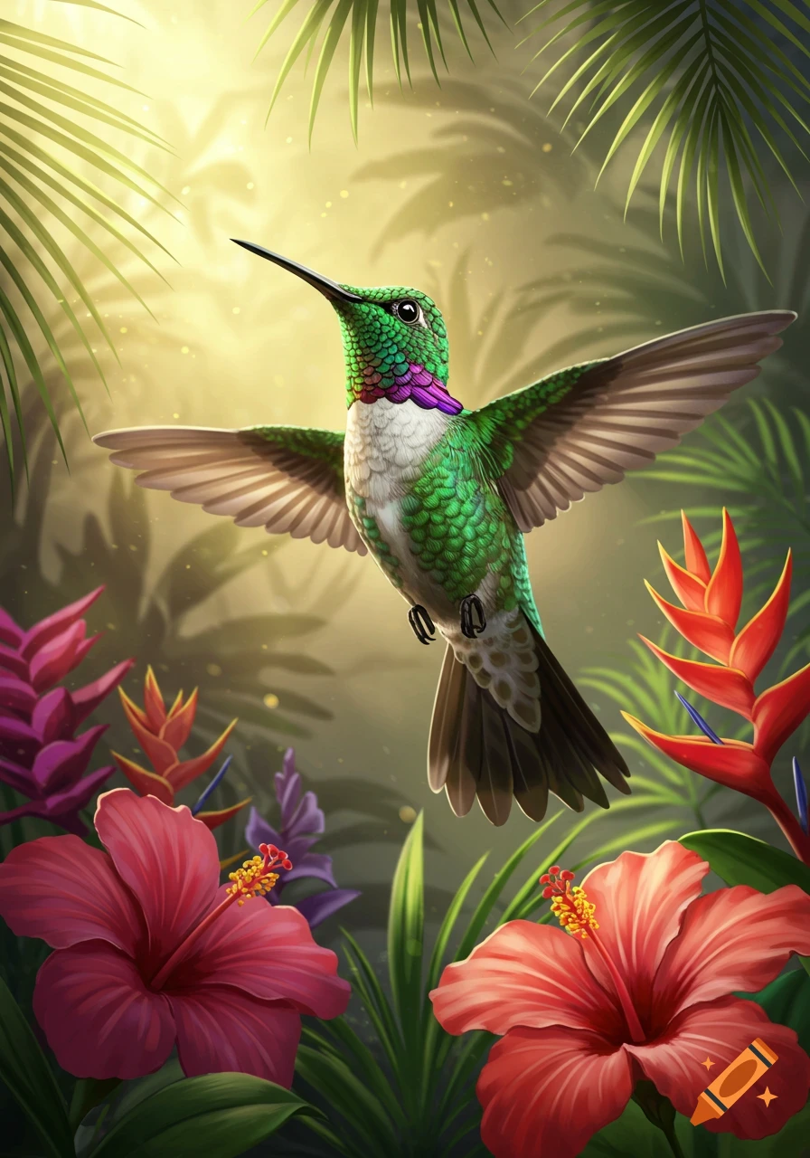 Vibrant green and purple hummingbird with spread wings hovers among red tropical flowers and palm leaves in a glowing jungle.