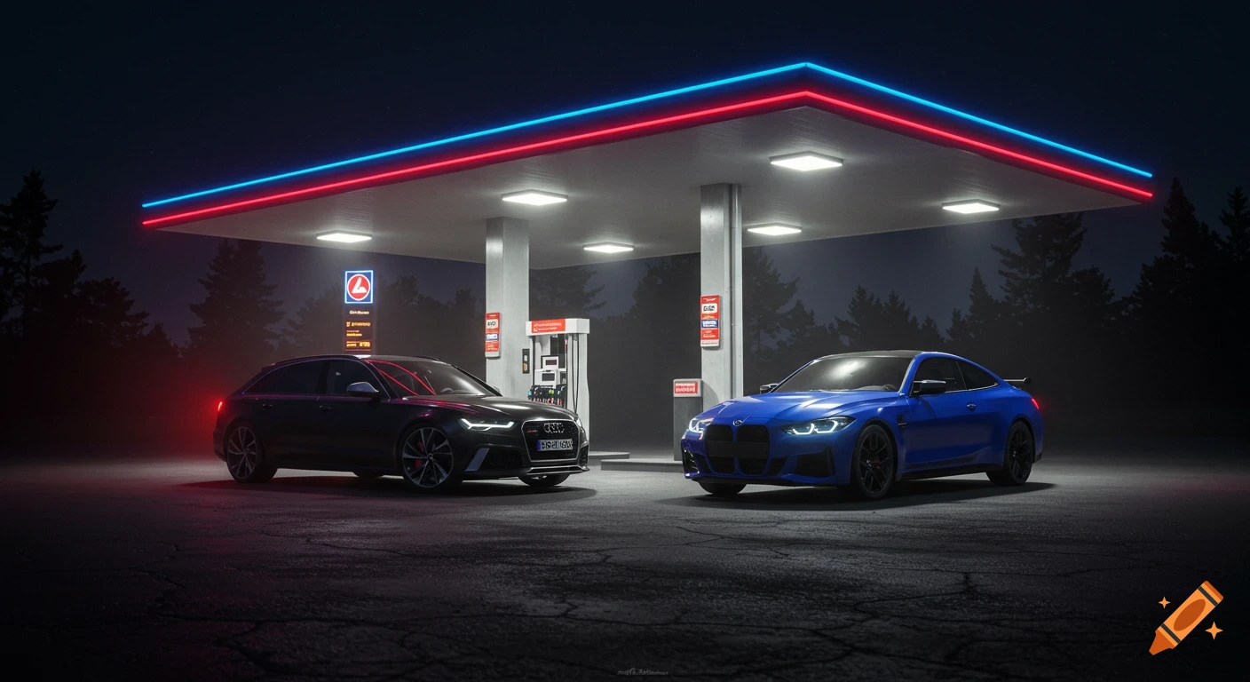 A black Audi RS6 and a blue BMW M4 Competition parked at a neon-lit gas station at night.