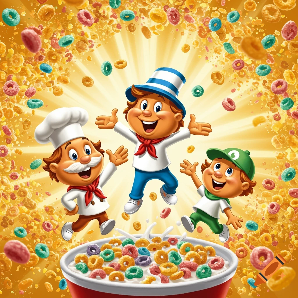 Three cheerful cartoon cereal mascots jump happily above a bowl of colorful cereal in a bright, golden light.
