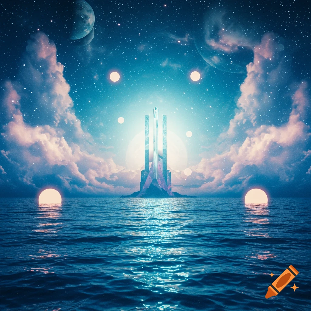 A majestic futuristic structure with glowing pillars stands in a vast cosmic ocean under a starry sky with planets and ethereal clouds.