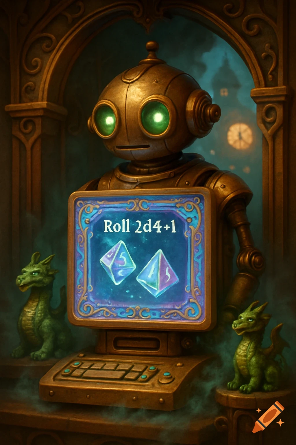 A steampunk robot with glowing green eyes looks at a monitor displaying 'Roll 2d4+1' and two polyhedral dice, flanked by small dragon figurines.