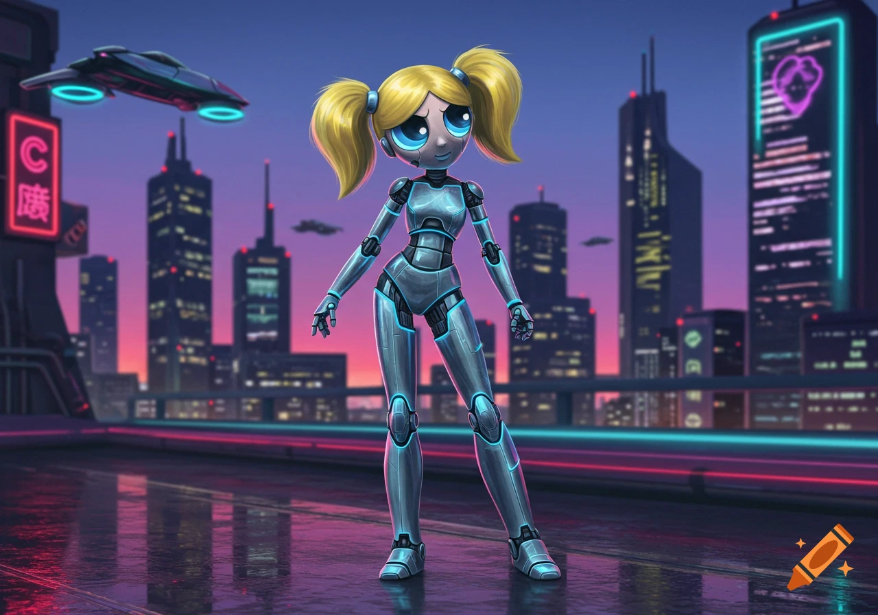 Robot Bubbles from Powerpuff Girls with blonde ponytails stands in a neon-lit cyberpunk city at dusk.