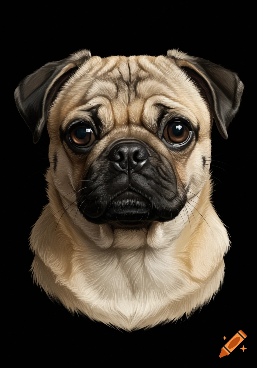 A realistic digital painting of a pug's headshot against a dark background.