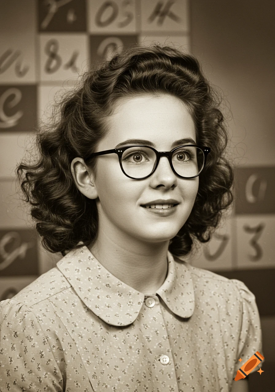 Photorealistic sepia-toned portrait of a smiling young woman with curly hair and glasses in 1950s style.