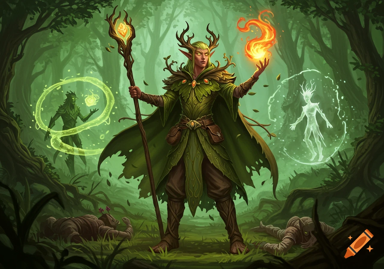 An elegant Elf Druid in leaf armor casts fire magic and holds a glowing staff, with spectral figures and defeated foes in a lush forest.
