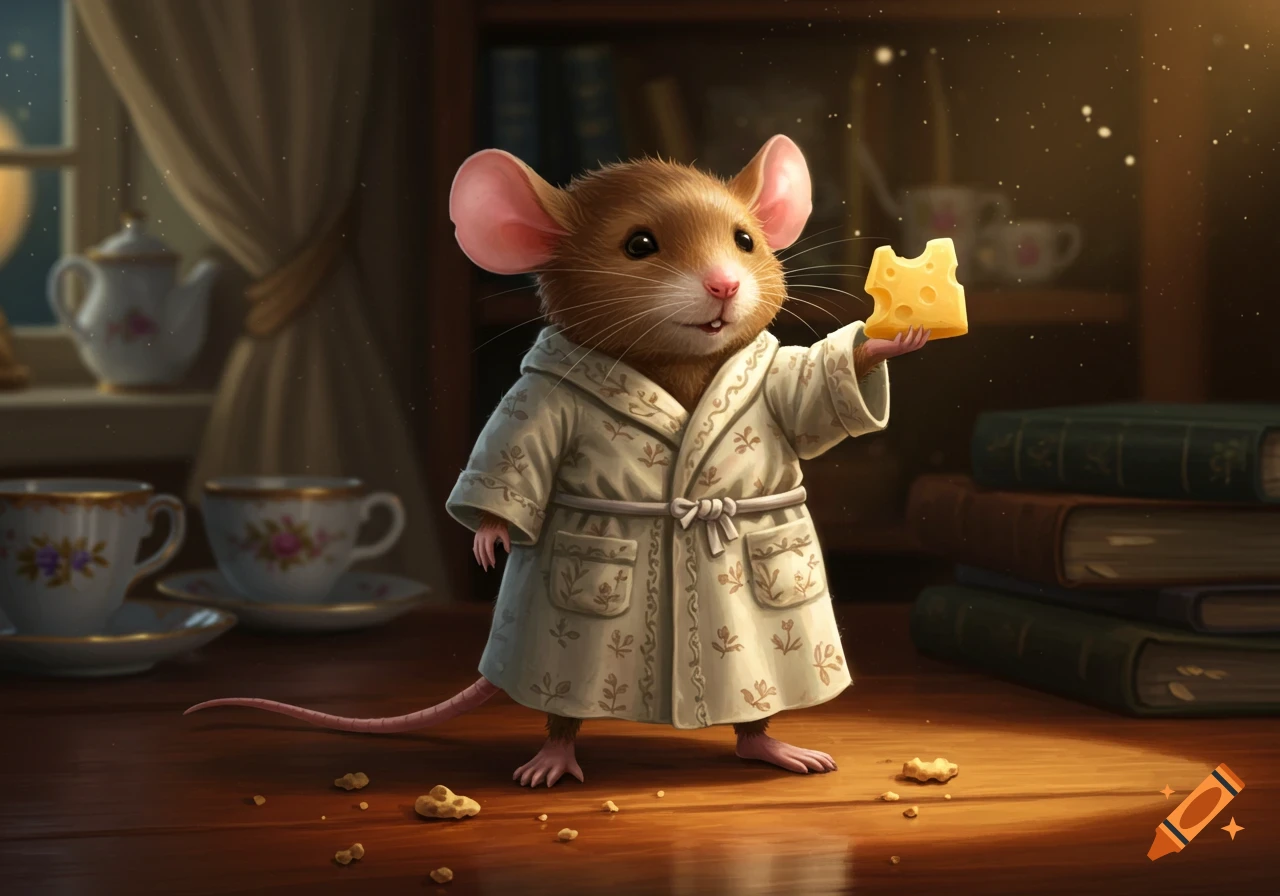 An adorable brown mouse in a white dressing gown holds a piece of cheese, standing on a wooden table with books and teacups in the background.