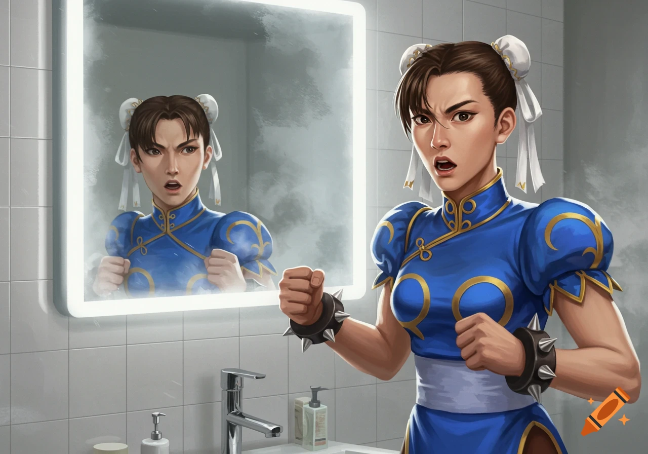 A detailed, realistic illustration of Chun-Li from Street Fighter, looking shocked and angry at her reflection in a bathroom mirror.