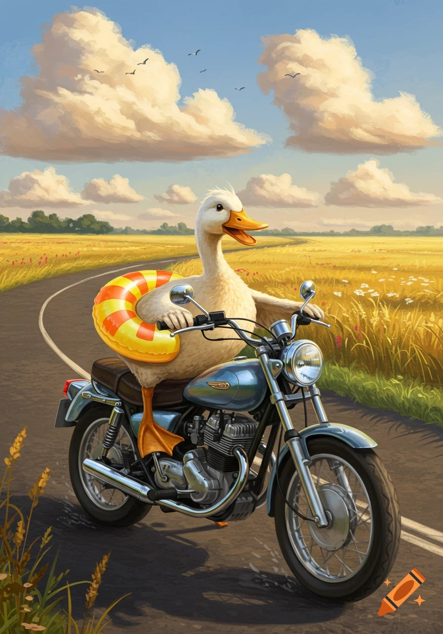 A cartoon duck wearing a floatie rides a blue motorcycle on a country road through golden fields under a blue sky.