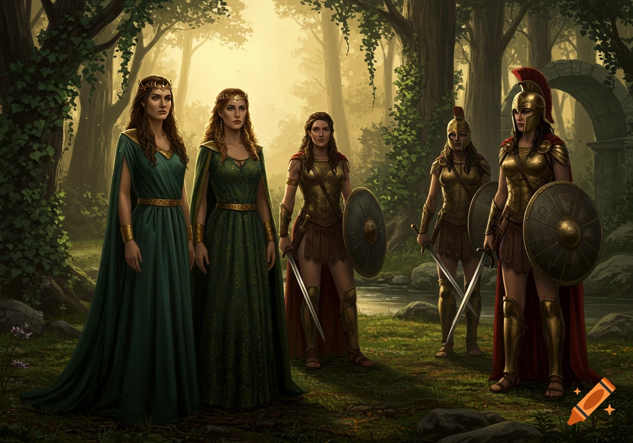 Five women stand in a sunlit forest, two in green robes and three in golden warrior armor with shields and swords.