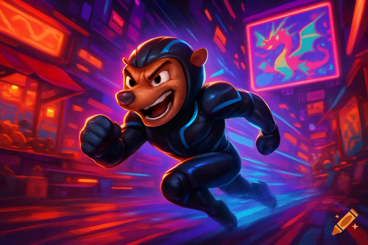 A cartoon anthropomorphic weasel in a black and blue superhero suit runs rapidly through a neon-lit cyberpunk city street.