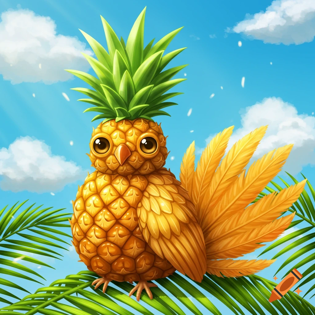 A cute cartoon pineapple bird with large eyes and orange feathers sits on green palm leaves under a bright blue sky with clouds.