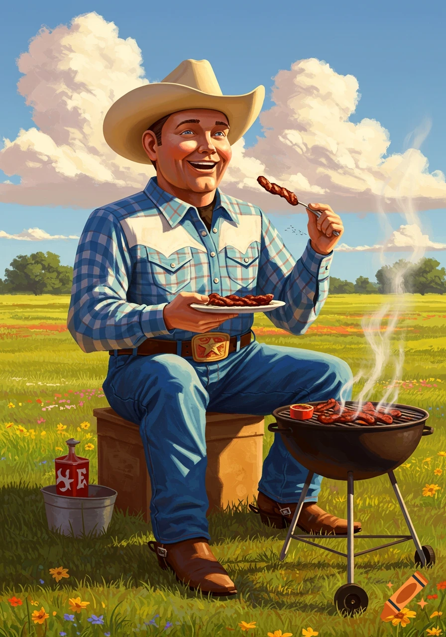 Smiling cartoon cowboy in a plaid shirt and hat, grilling and eating meat on a skewer in a sunny field.