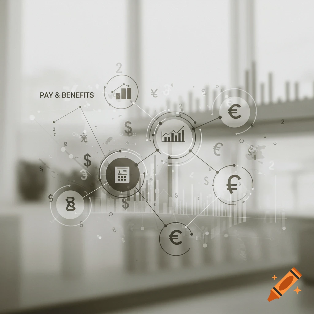 Abstract graphic with 'PAY & BENEFITS' text, interconnected business and currency icons over a blurred modern office background.