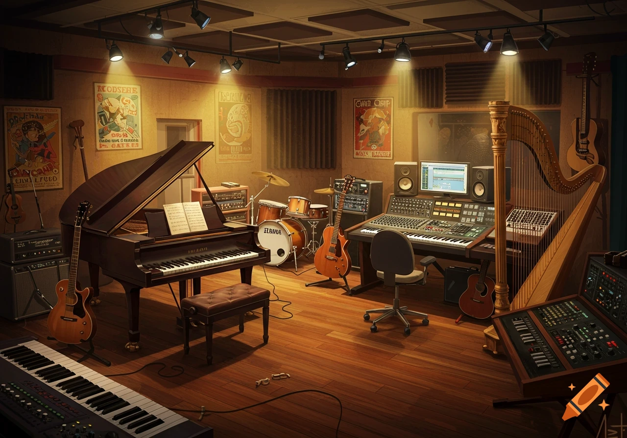 A detailed, well-lit recording studio filled with various musical instruments including a grand piano, drum set, guitars, harp, and mixing consoles.