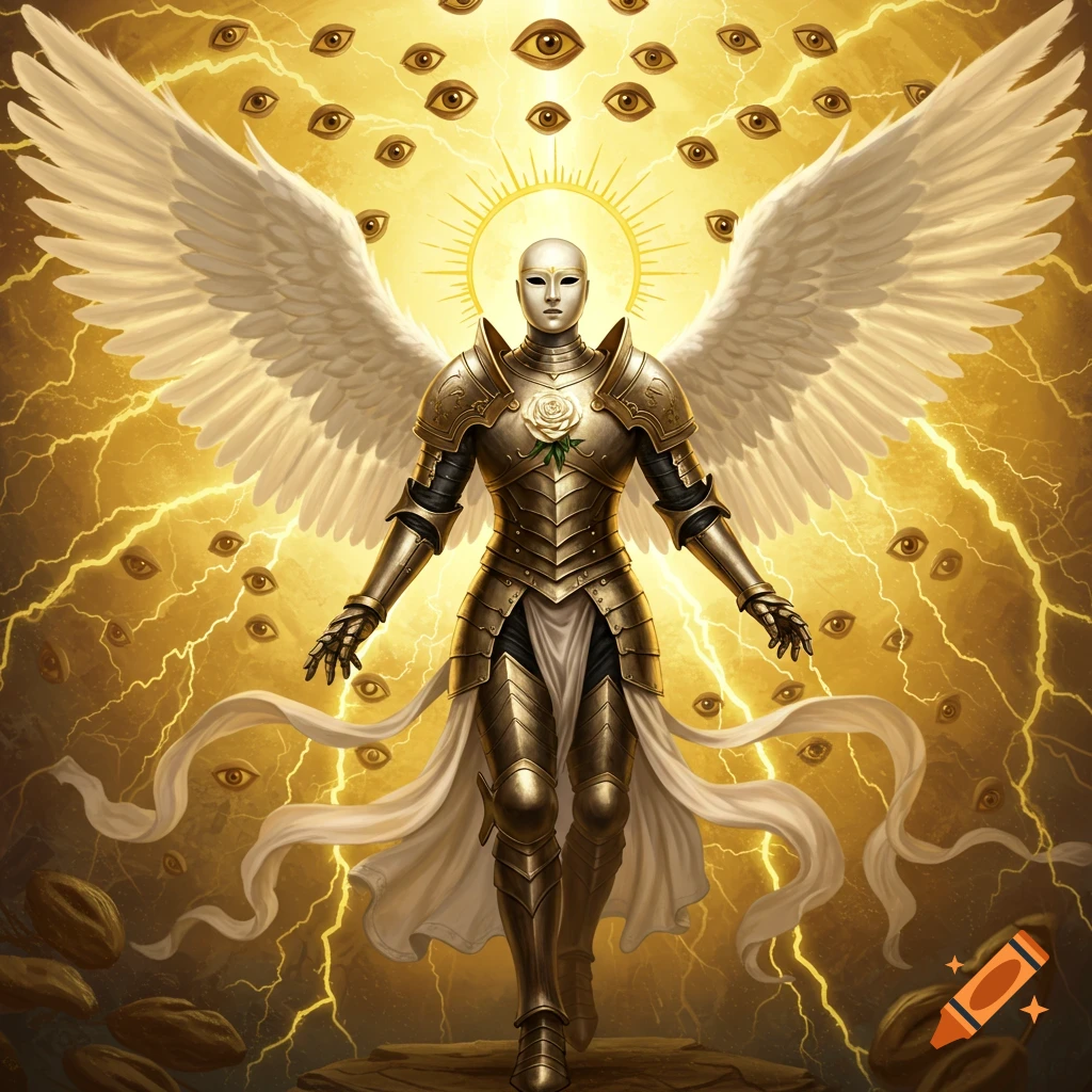 A majestic white-winged angel in ornate gold armor and a blank white mask stands amidst a storm of golden eyes and lightning.
