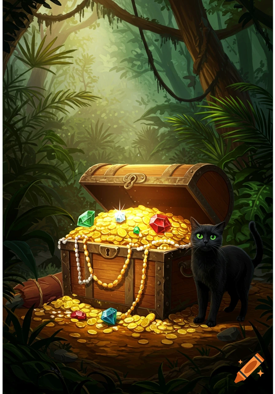 A stylized illustration of a black cat standing next to an open treasure chest overflowing with gold coins and colorful gems in a lush, sunlit jungle.