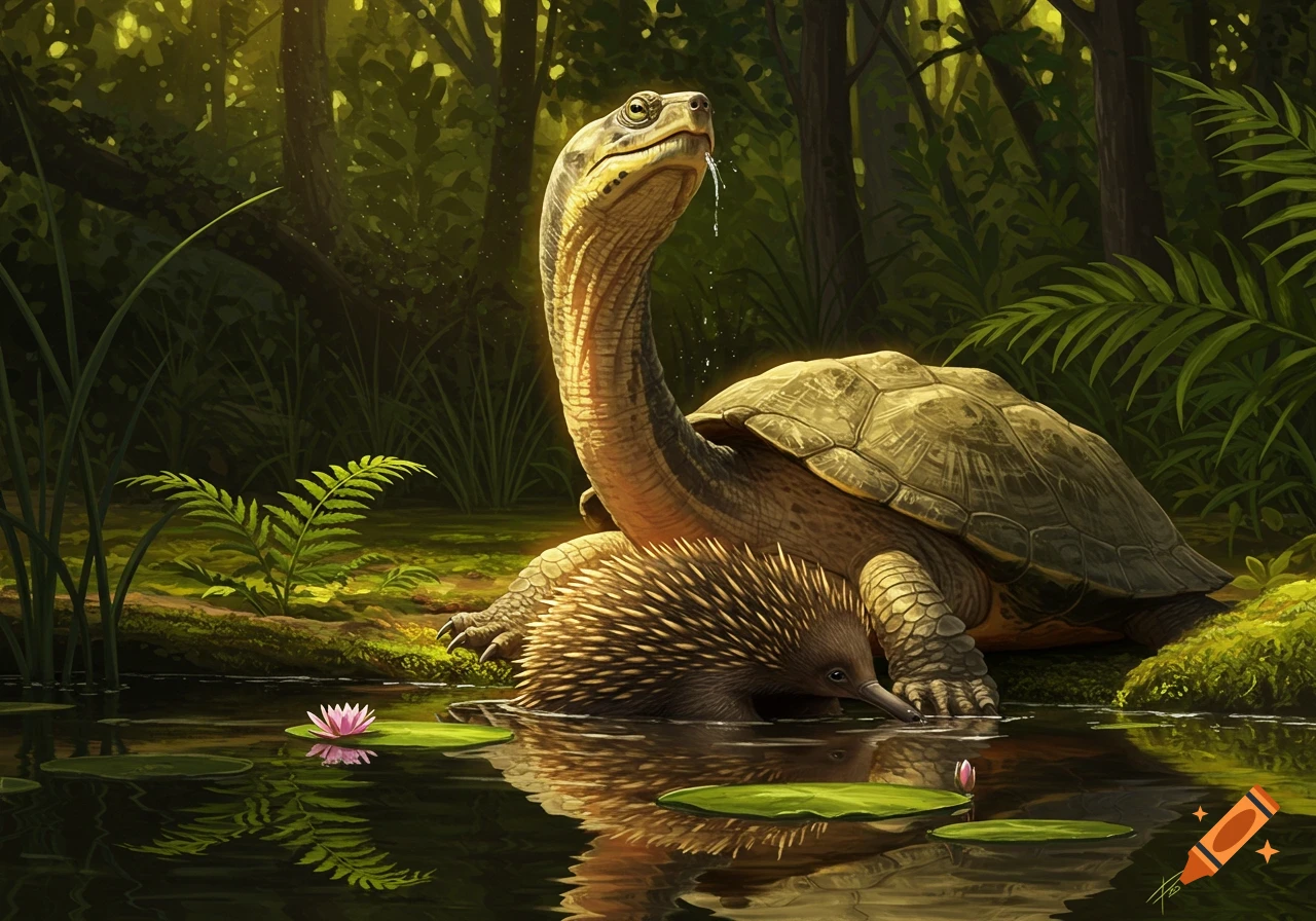 Photorealistic image of a long-necked snake-neck turtle standing over an echidna in a lush jungle pond with lily pads.