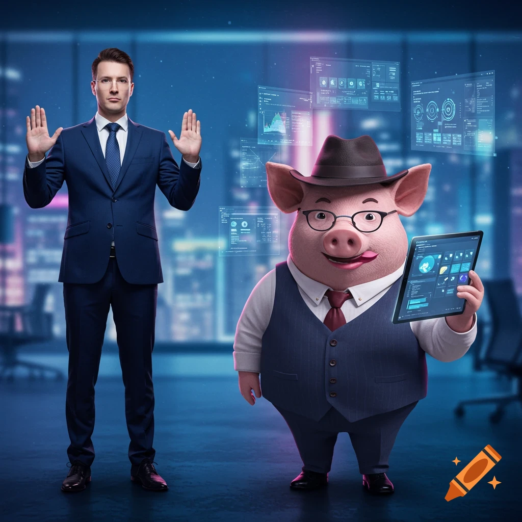 A businessman in a suit with hands raised stands next to a cartoon pig in a suit and hat holding a tablet with data displays, in a futuristic office.