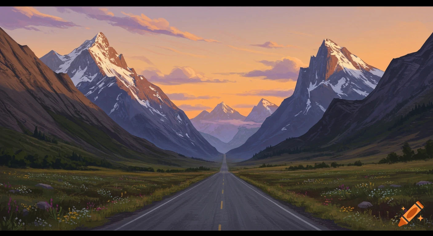 Stylized illustration of a long road through a mountain valley at sunset, with snow-capped peaks.