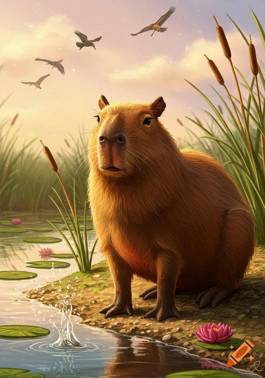 A capybara sits by a pond with lily pads and cattails under a sunset sky with birds flying, digital art.