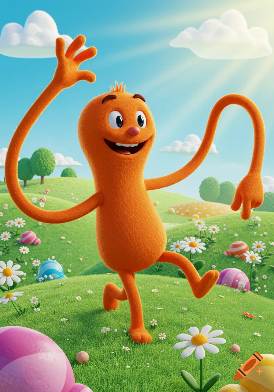 A happy, fuzzy orange cartoon character with long, bendy arms dances in a whimsical green field with flowers and colorful eggs under a blue sky.