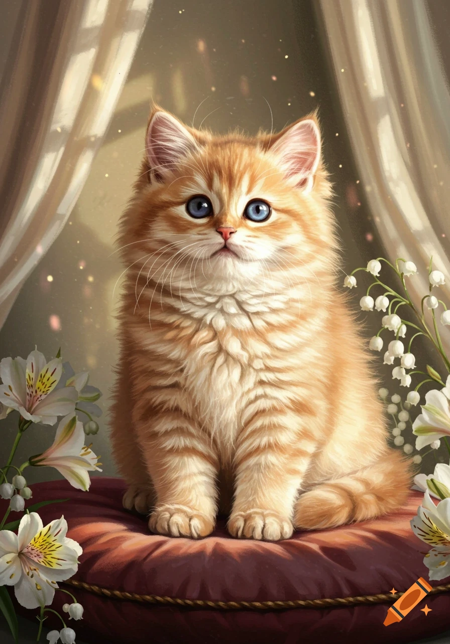 A fluffy orange kitten with bright blue eyes sits on a red cushion, surrounded by white lilies and lily of the valley flowers, digital painting.