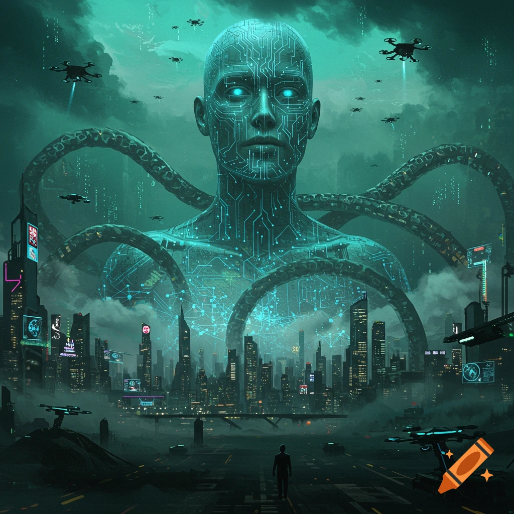 A colossal, glowing circuit-patterned human-like AI figure looms over a sprawling, foggy cyberpunk city, surrounded by drones, as a lone person walks on a road below, in a dark teal digital art style.
