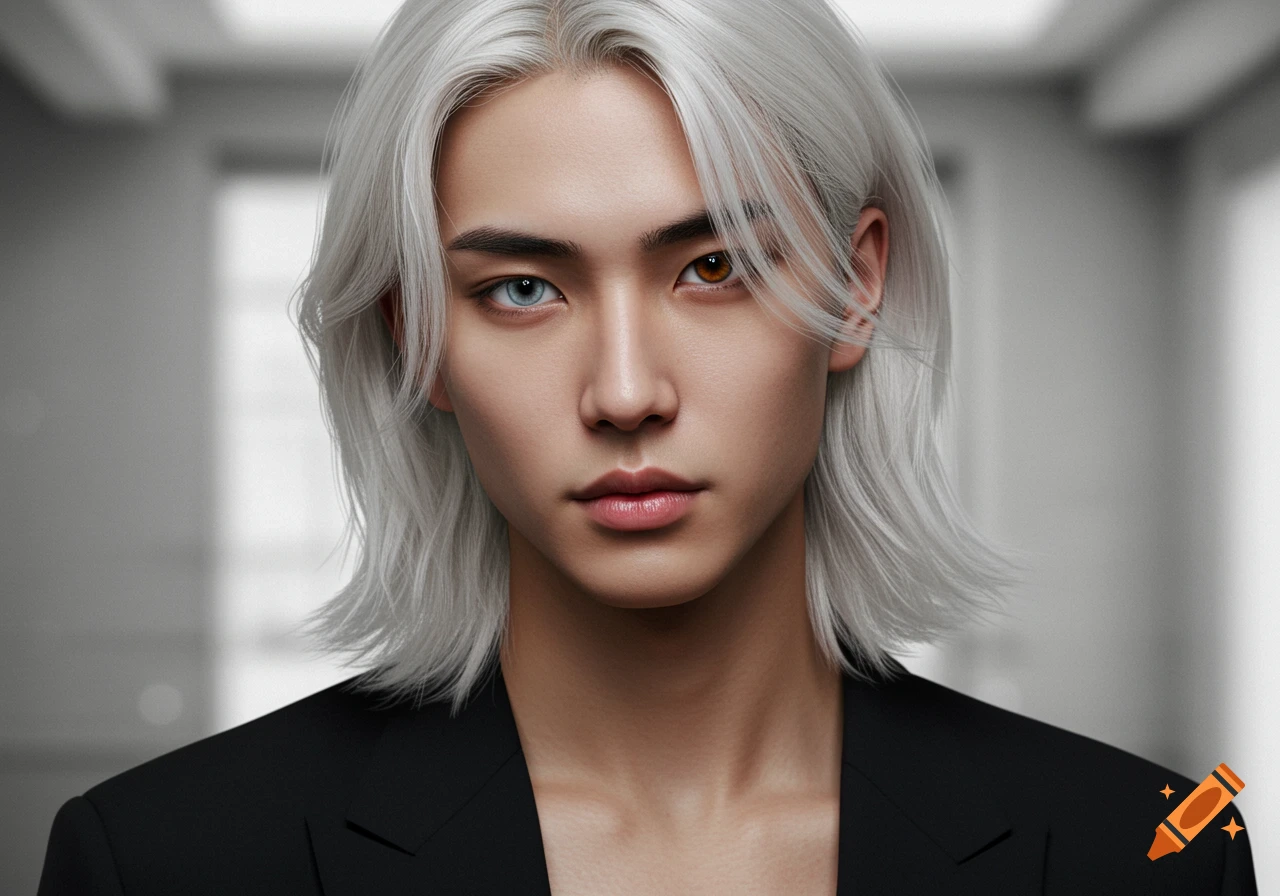 Close-up portrait of a handsome Asian young man with long platinum blonde hair. He has heterochromia, with a blue eye on the viewer's left and a brown eye on the viewer's right. He wears a black suit jacket.