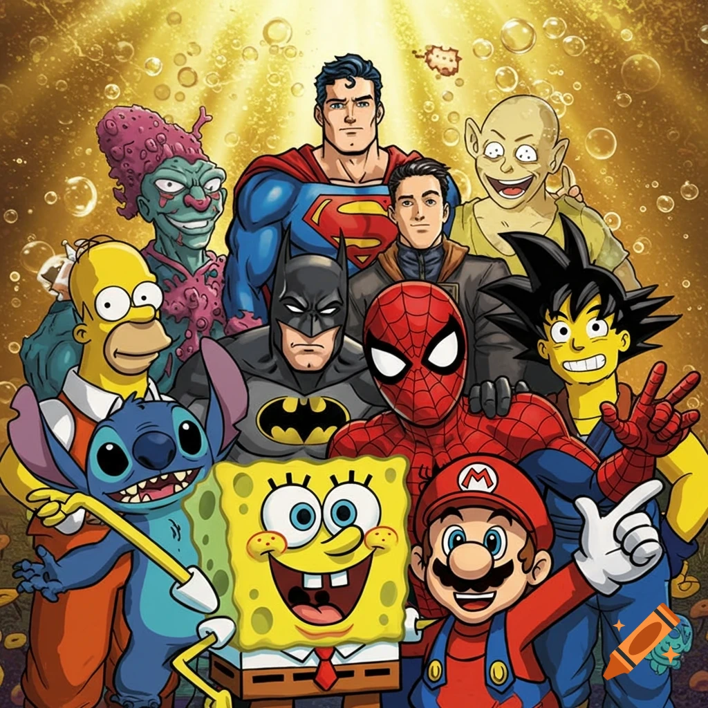 Group portrait of various cartoon characters including Superman, Batman, Spider-Man, SpongeBob, Homer Simpson, Stitch, Mario, and Goku, smiling under a golden light.