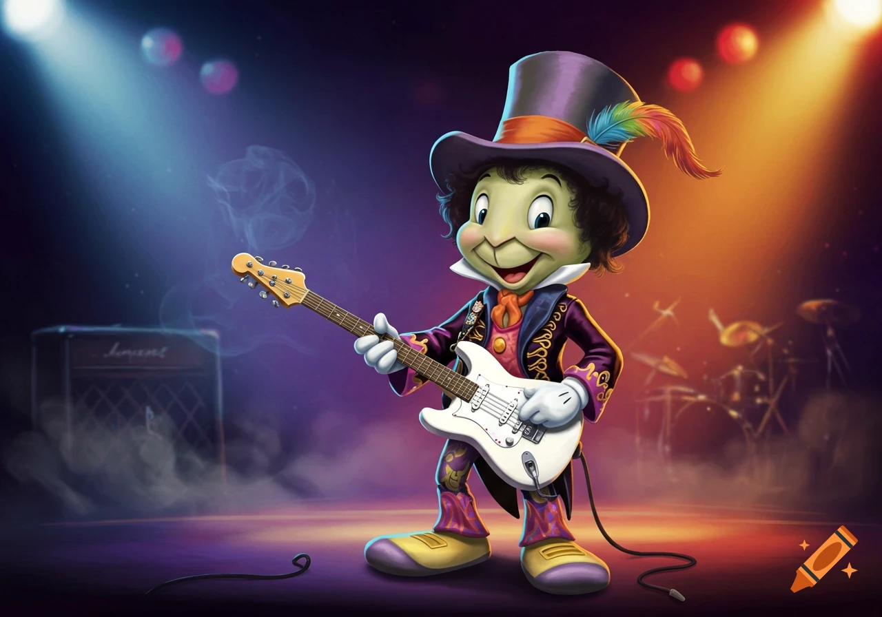 Cartoon Jiminy Cricket dressed as Jimi Hendrix plays an electric guitar on a brightly lit stage with an amplifier and drums.