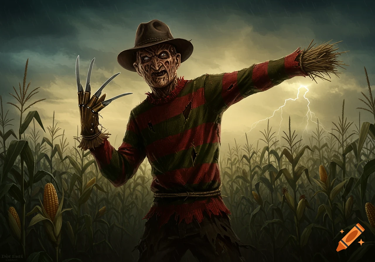 A menacing Freddy Krueger with clawed glove and striped sweater stands in a stormy cornfield with lightning.
