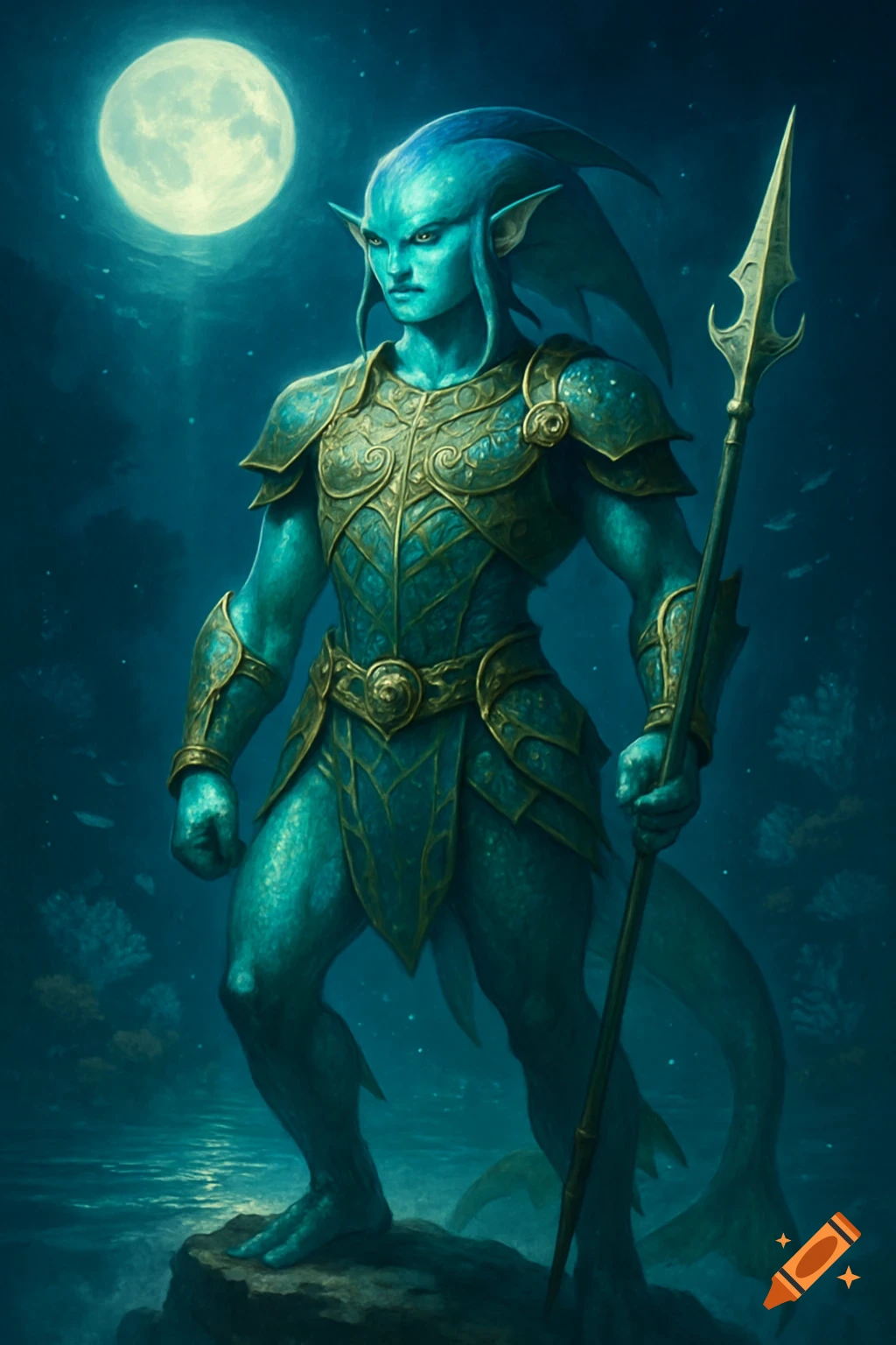 A blue-skinned Zora-like warrior in golden armor holds a spear under a bright full moon, standing on a rock by water.