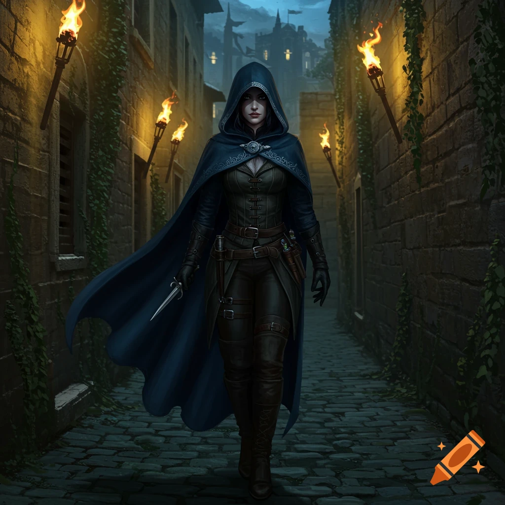 A cloaked woman in dark medieval attire walks down a torch-lit cobblestone alley, holding a dagger, with a castle in the background.