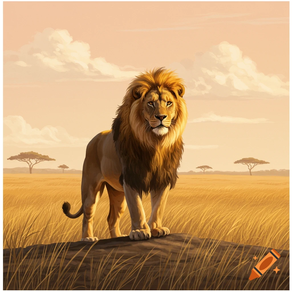 A majestic lion stands on a rock in a golden savanna with acacia trees under a cloudy sunset sky, in a stylized illustration.