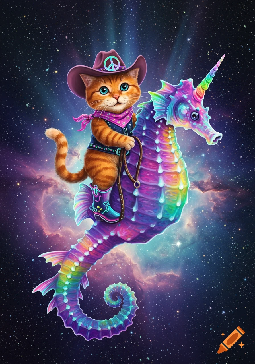 A vibrant cartoon orange cat in a cowboy hat with a peace sign and neon boots rides a rainbow unicorn seahorse through a starry galaxy.