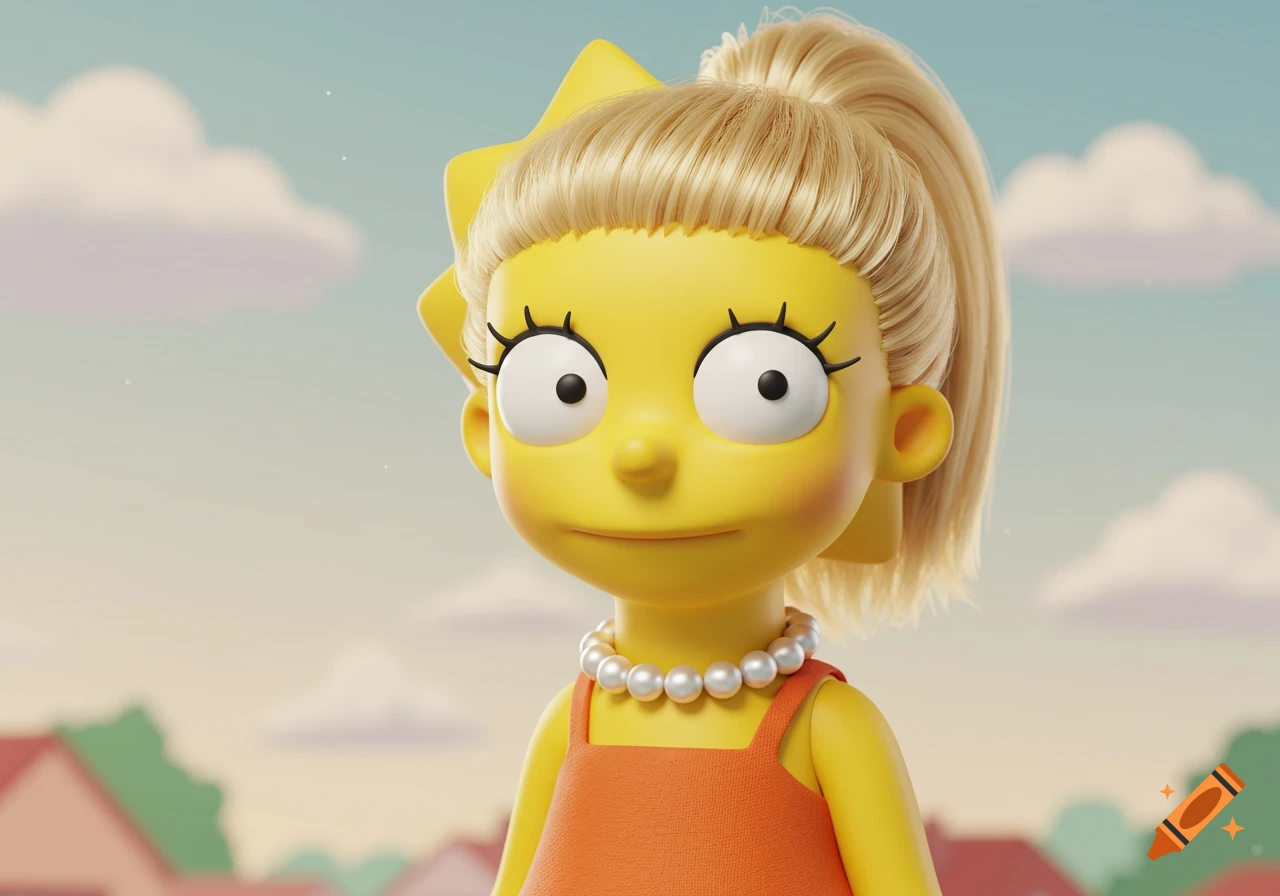 Close-up 3D render of a blonde, yellow-skinned doll resembling Lisa Simpson, wearing an orange dress and pearl necklace.
