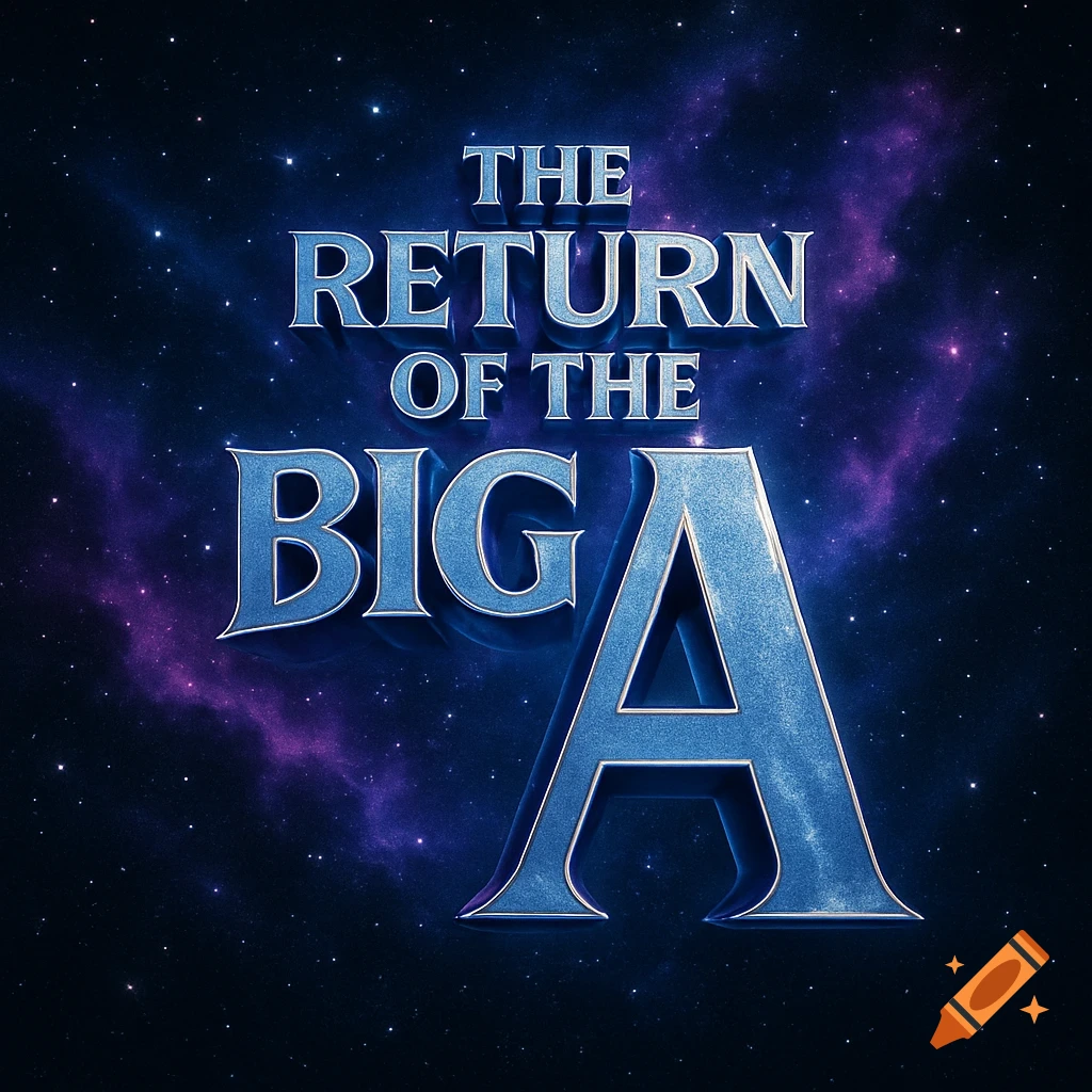 3D metallic blue text 'THE RETURN OF THE BIG A' on a starry deep purple and blue nebula space background, styled as an album cover.