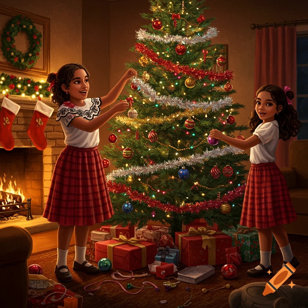 Two girls with dark hair and plaid skirts decorate a brightly lit Christmas tree in a cozy living room with a fireplace and gifts.