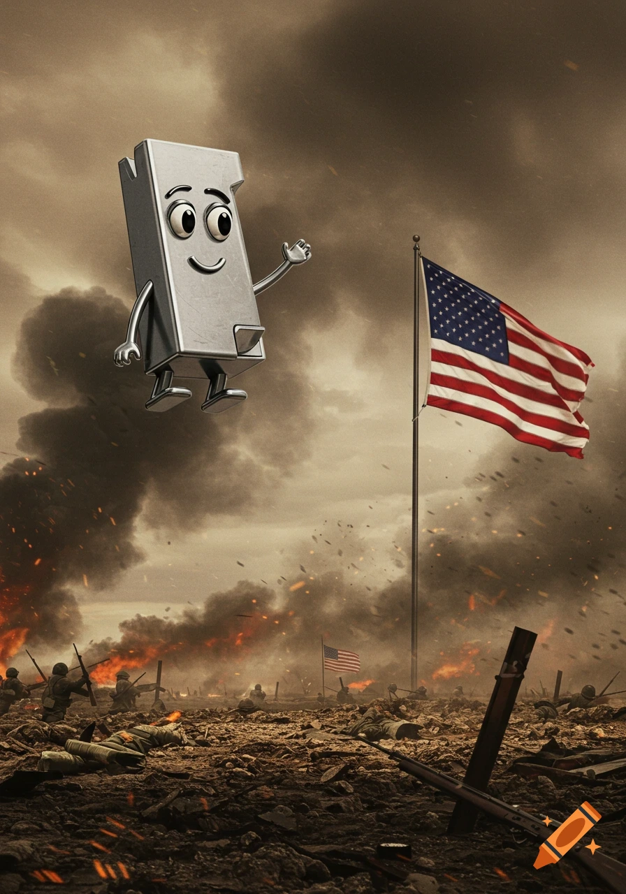 Clippy the paperclip floats over a chaotic, fiery battlefield with soldiers and an American flag.