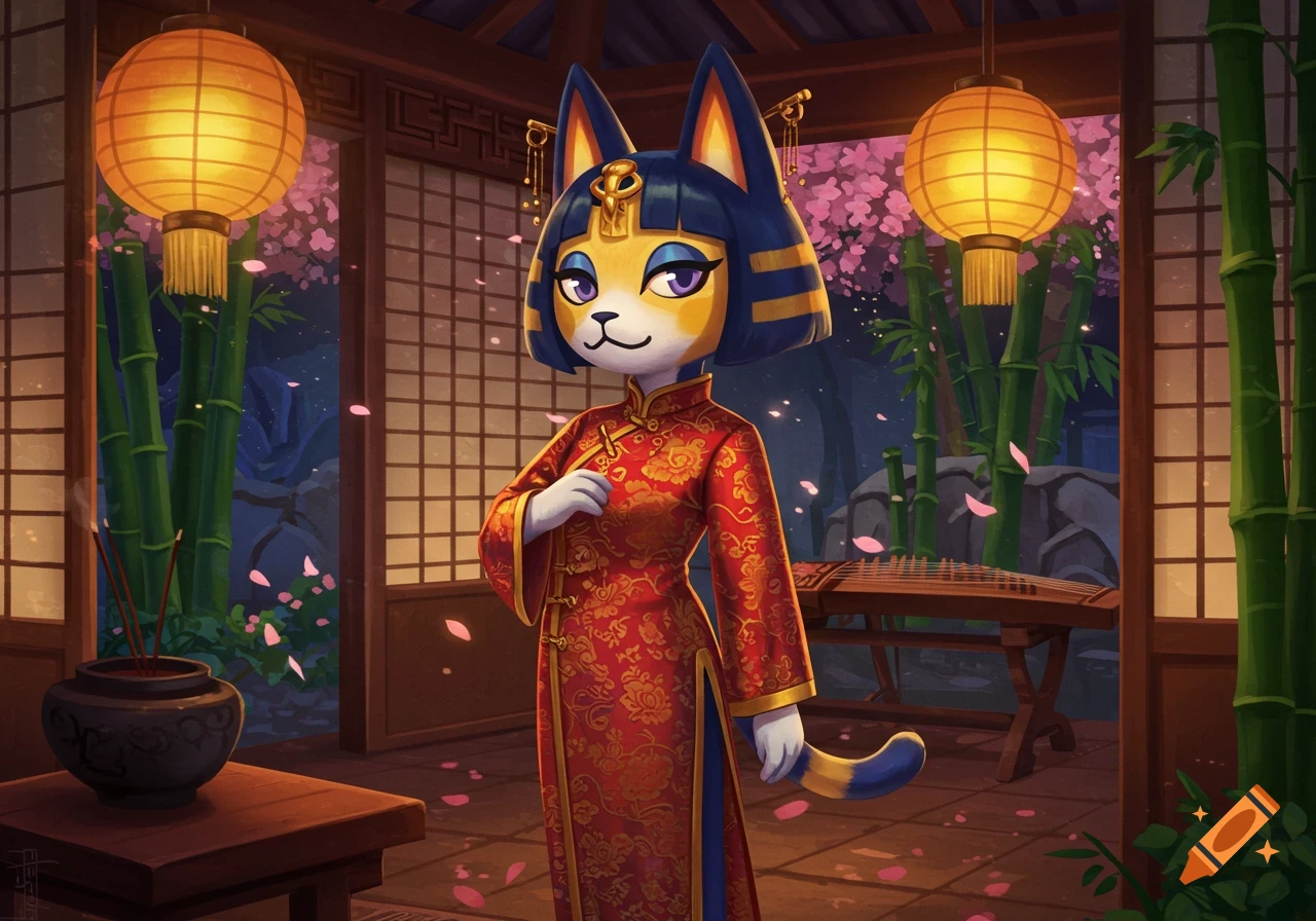 Ankha, an anthropomorphic cat, in a red cheongsam with gold patterns, stands in an East Asian-style room with lanterns, bamboo, and falling cherry blossoms.