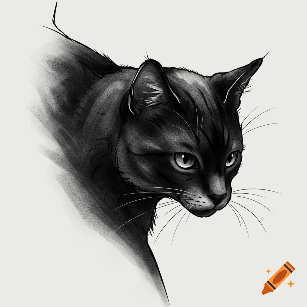 Black and white sketch of a cat's head with whiskers, in a tattoo art style.