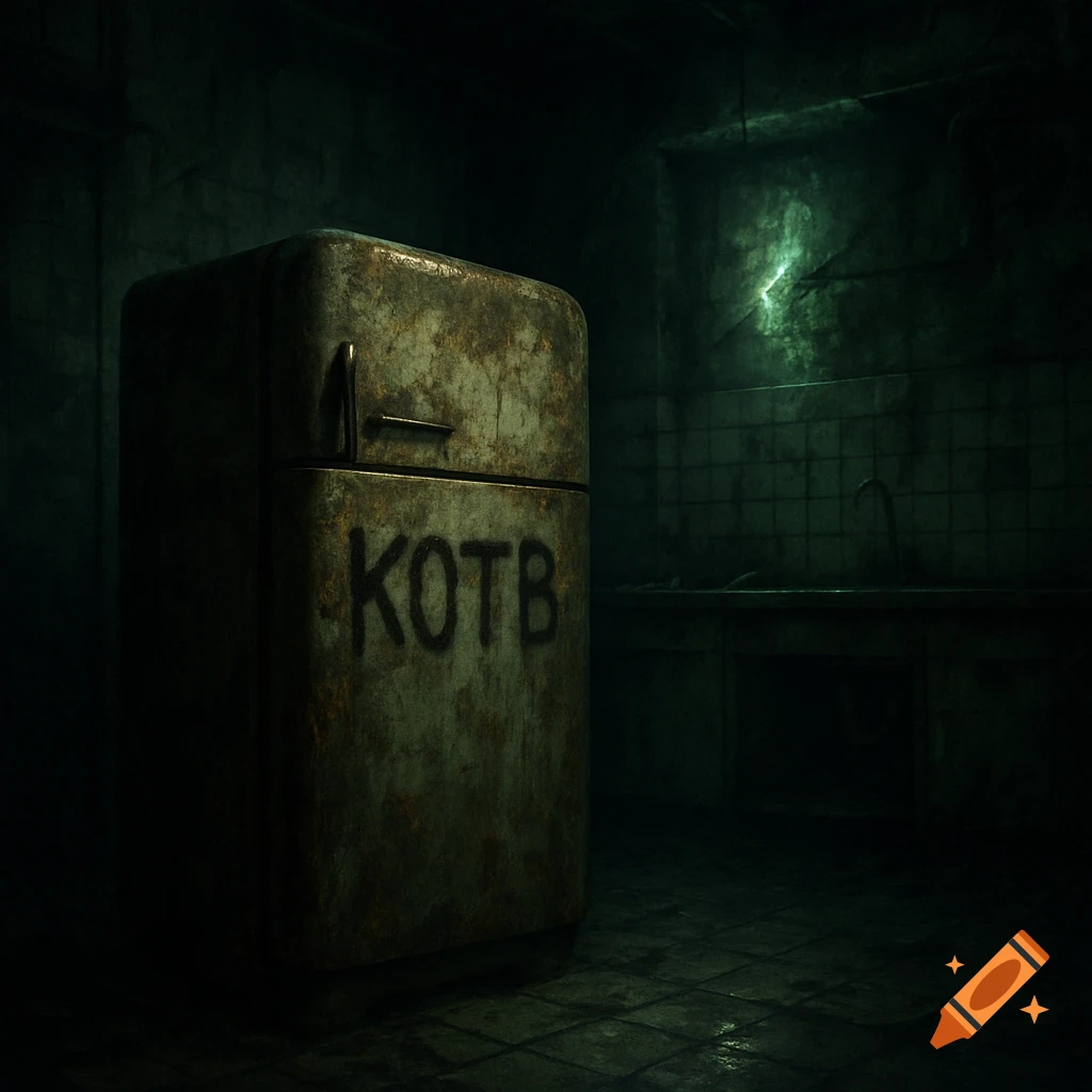 A dark, spooky image of a rusty, old refrigerator with 'KOTB' written on its front, in a grimy, abandoned kitchen.