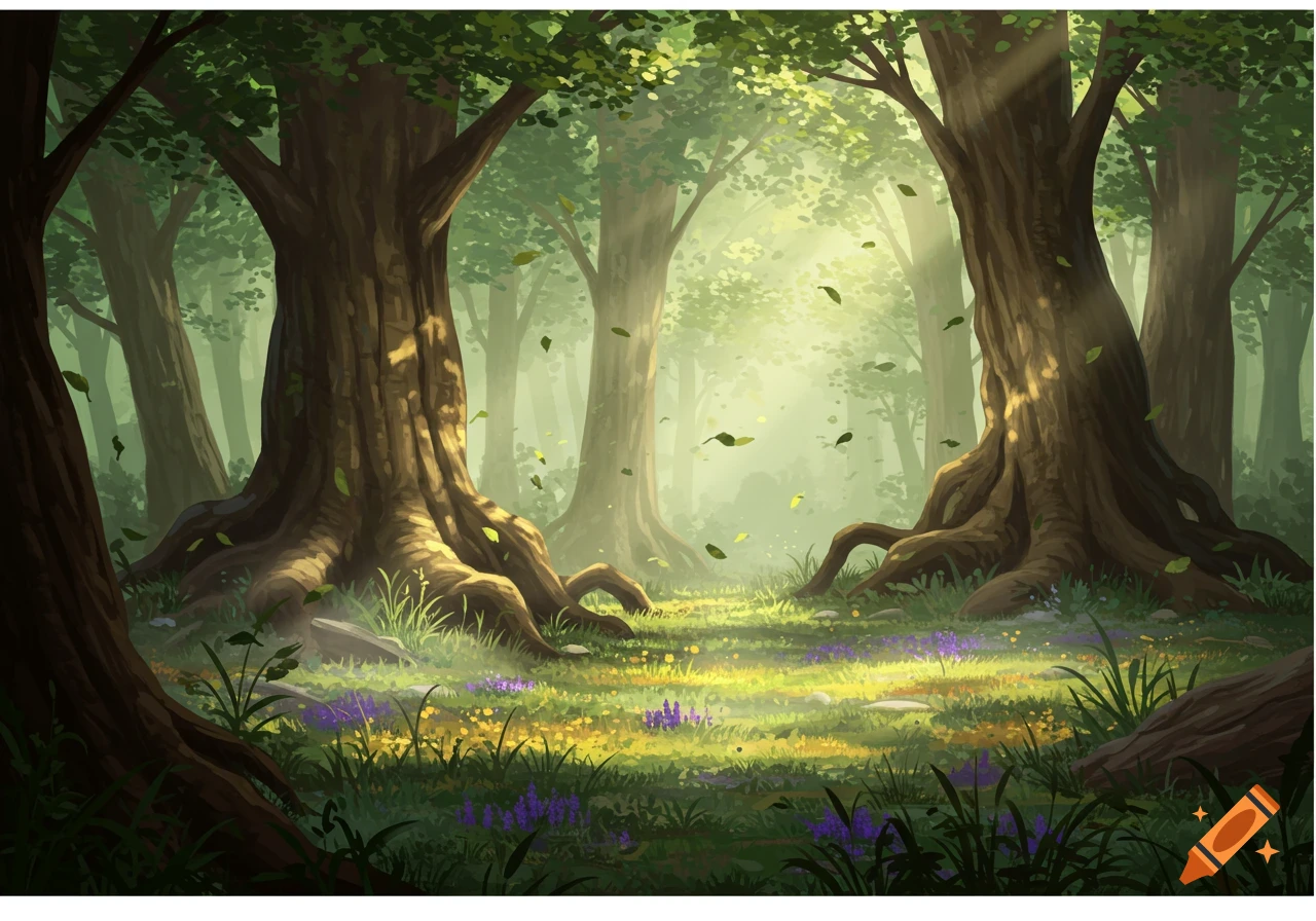 A sunny forest clearing with large trees, fallen leaves, and purple and yellow wildflowers on the forest floor, bathed in soft light.